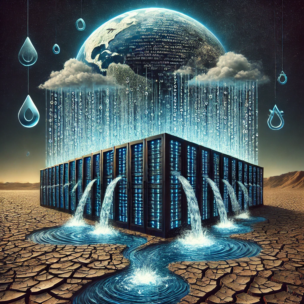 DALL·E 2024-12-18 18.04.16 - A conceptual image depicting the environmental impact of artificial intelligence. The image shows a large data center filled with rows of servers emit