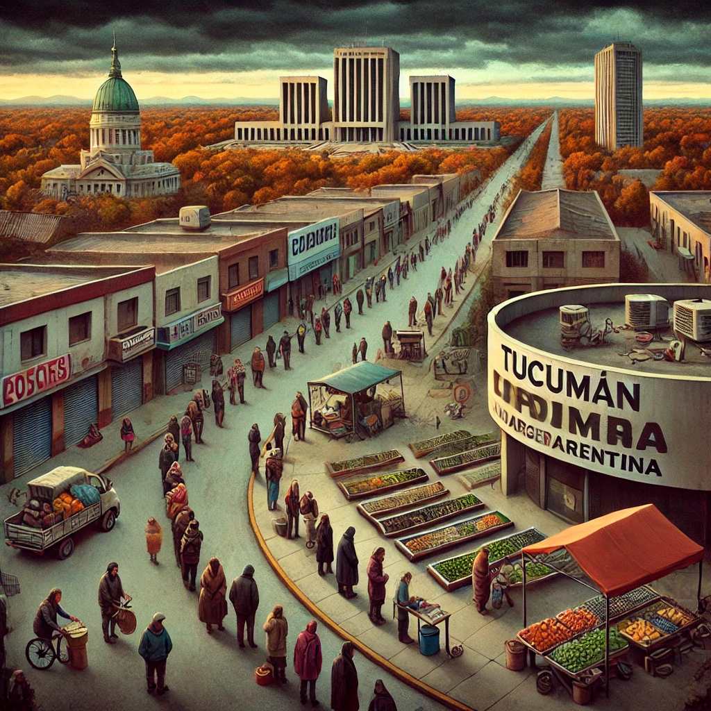 DALL·E 2024-09-08 21.39.04 - A dystopian future in Tucumán, Argentina, showing the effects of economic austerity. The image includes a landscape with closed small businesses, long