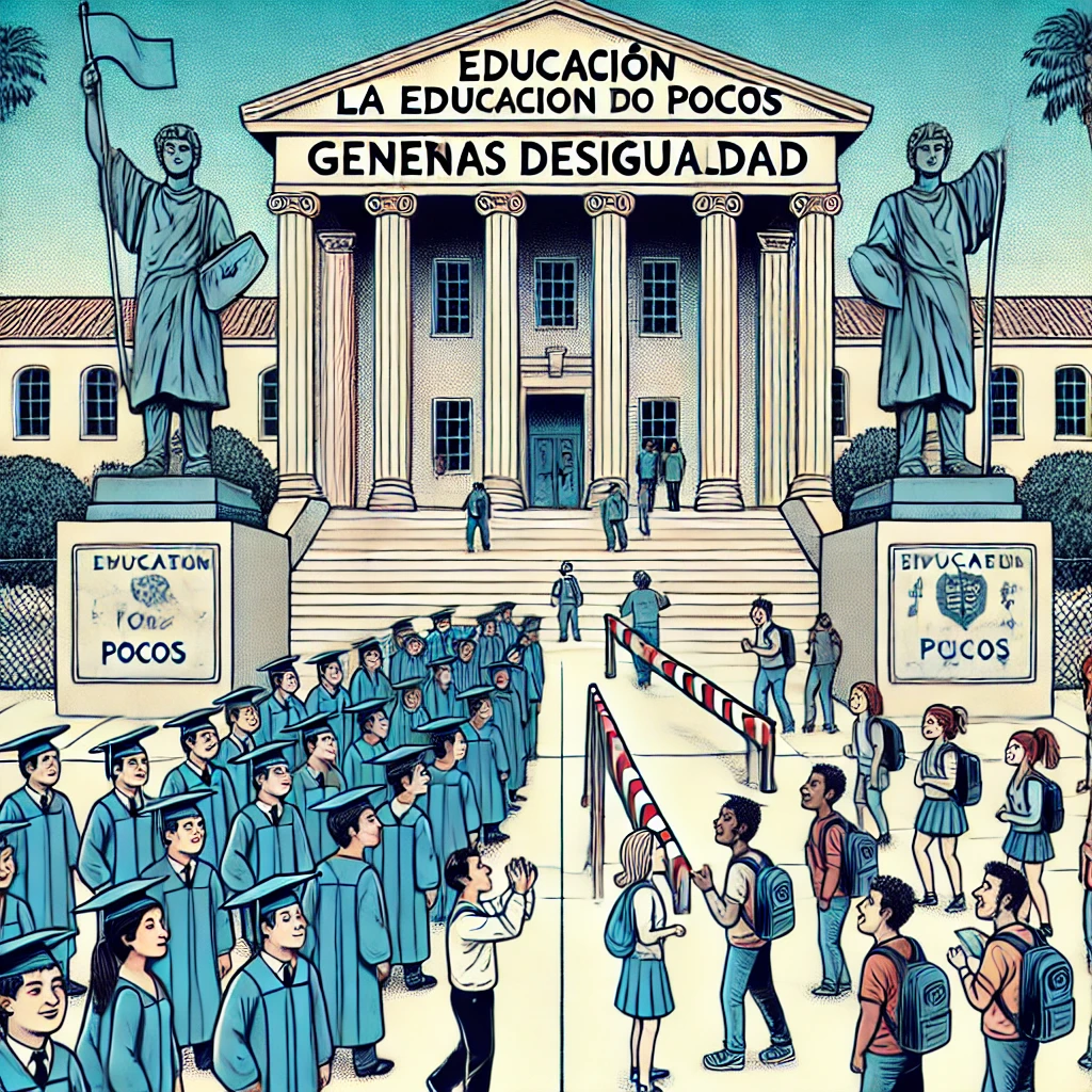 DALL·E 2024-09-13 19.52.43 - An image depicting two distinct groups of students in front of a university building. On one side, wealthy students are depicted comfortably entering