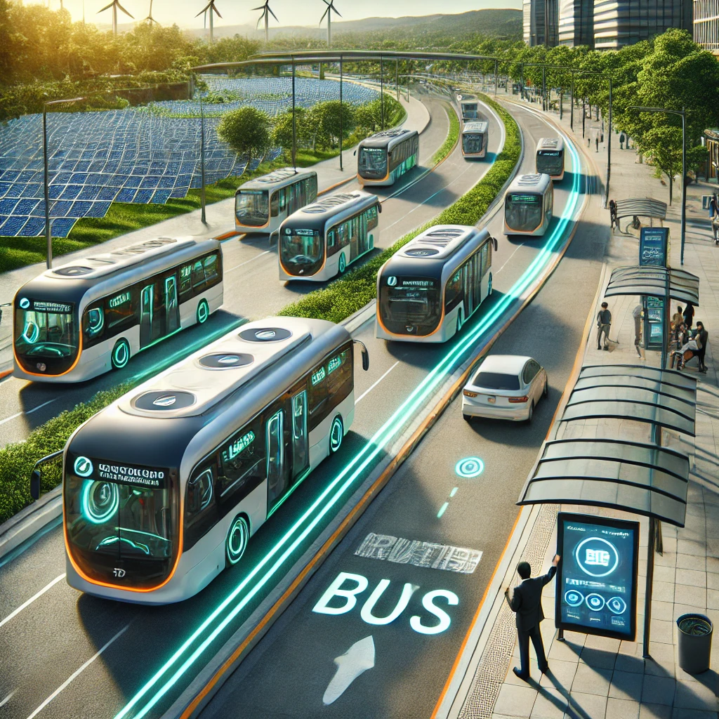 DALL·E 2024-09-09 22.22.56 - A futuristic image showing a proposed public transportation model for the province of Tucumán, Argentina. The scene includes modern electric buses in