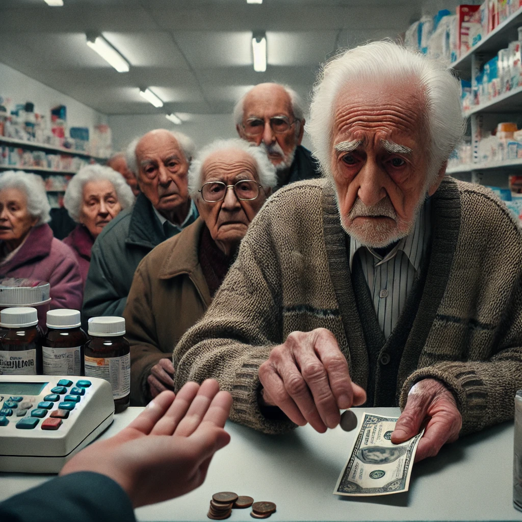 DALL·E 2024-09-09 22.40.50 - A second image showing the devastating consequences of the veto by Javier Milei for retirees in Argentina. The scene focuses on a frail elderly person