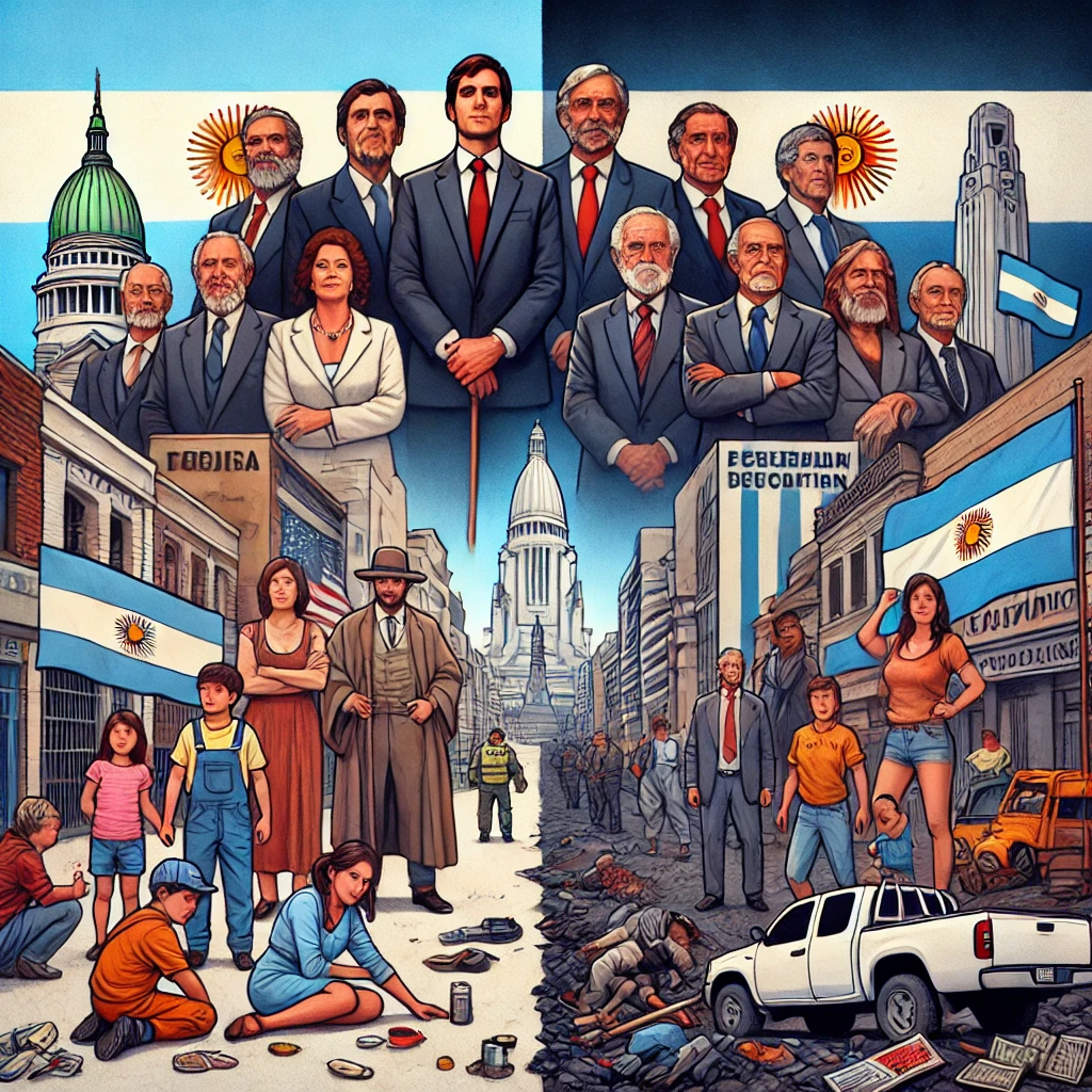 DALL·E 2024-09-14 11.18.57 - An image of two contrasting scenes in Argentina. On one side, wealthy individuals in suits who supported the destruction of the state stand confidentl
