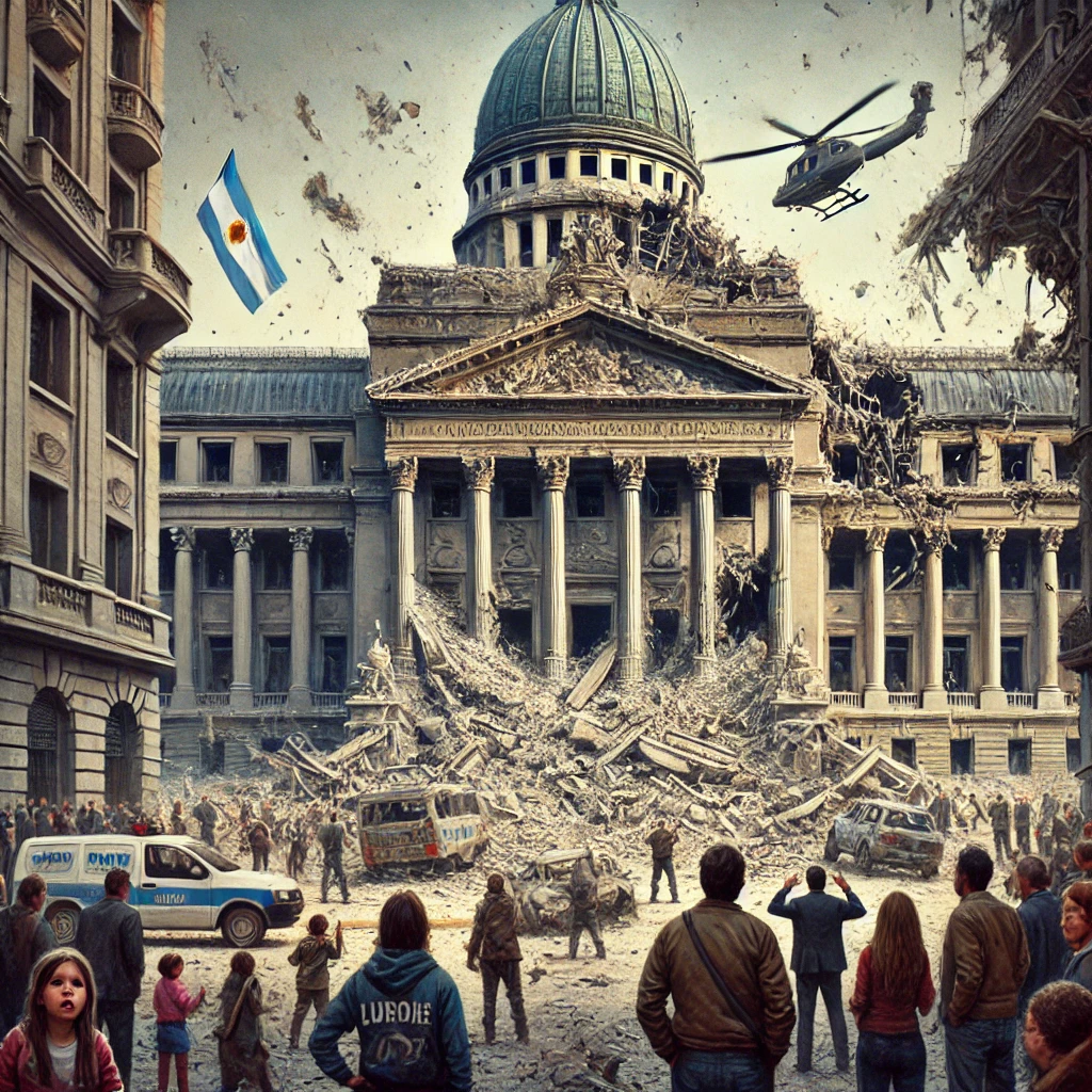 DALL·E 2024-09-14 11.17.33 - An image of a broken and crumbling government building in Argentina, symbolizing the destruction of the state. In the foreground, a group of citizens
