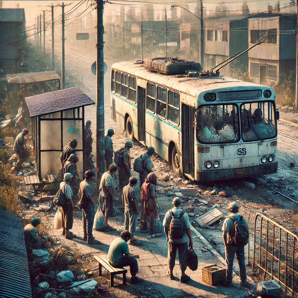 DALL·E 2024-09-09 22.22.43 - An image representing the current public transportation system in the province of Tucumán, Argentina. The image shows a typical urban bus in poor cond
