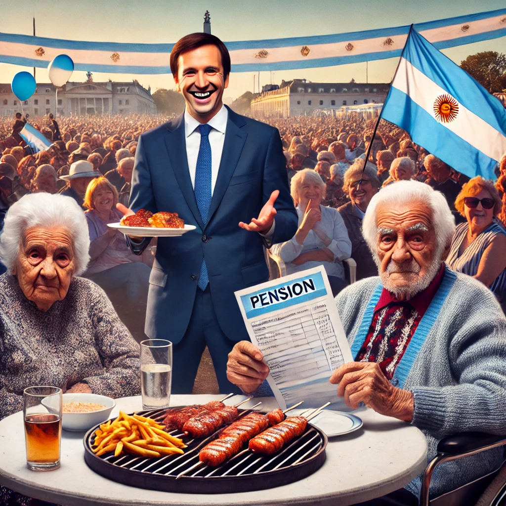 DALL·E 2024-09-18 19.26.29 - An image of a political figure at a celebratory barbecue in Argentina, smiling while holding a plate of grilled meat. The event is festive, with Argen