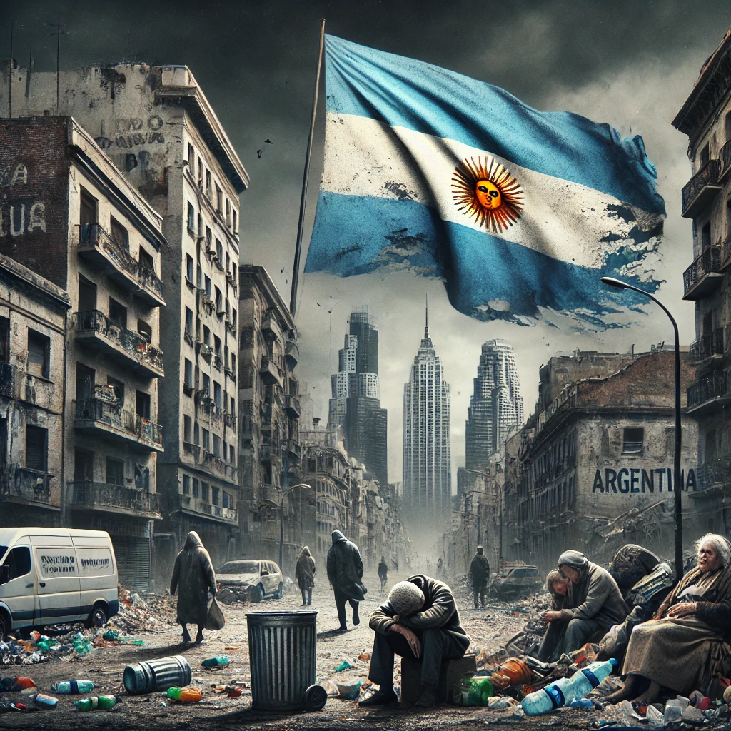 DALL·E 2024-09-06 22.29.48 - A symbolic image representing a poor and struggling Argentina. Depict a rundown cityscape of Buenos Aires, with deteriorating buildings and empty stre