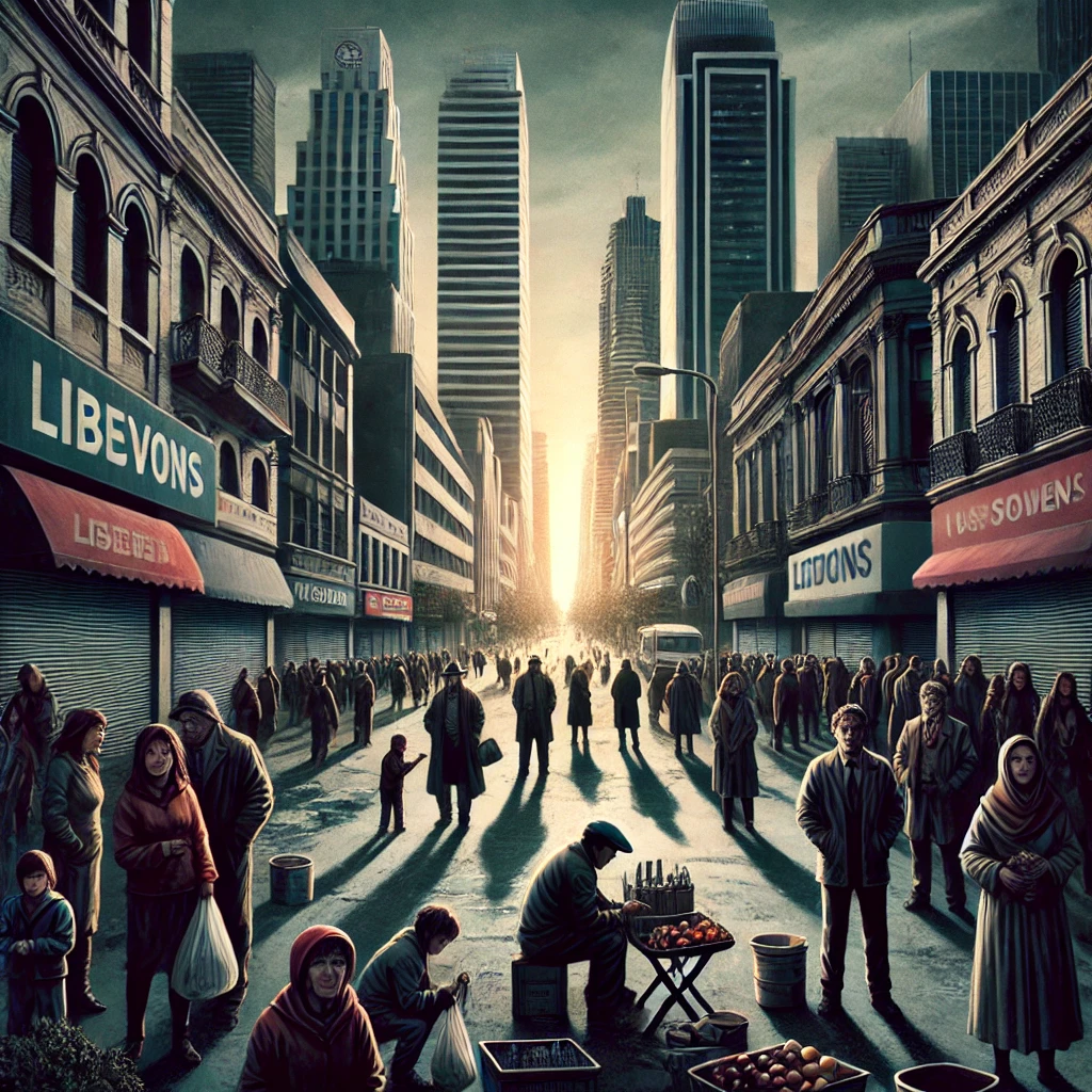 DALL·E 2024-09-08 21.42.26 - A powerful scene focusing on the direct impact of libertarian policies on the people of Argentina in the coming months. The image shows people in the