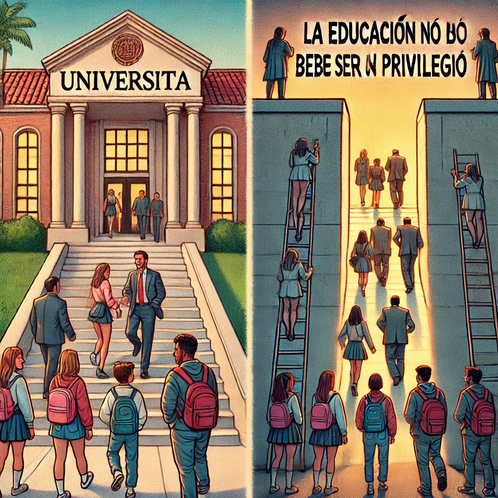 DALL·E 2024-09-13 19.53.28 - An image showing two groups of students outside a university. On the left, wealthy students are entering the university with ease, while on the right,
