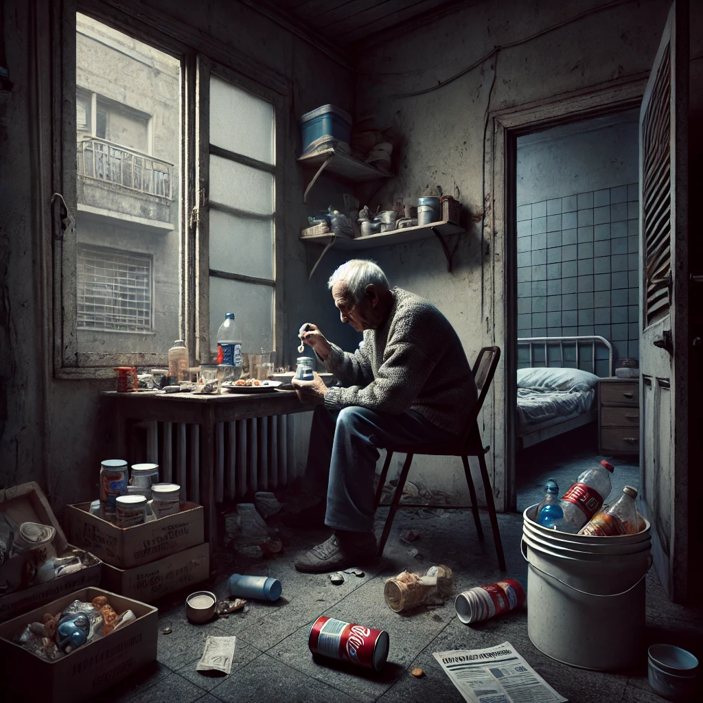 DALL·E 2024-09-09 22.40.44 - An image illustrating the devastating impact of the veto by Javier Milei on retirees in Argentina. The scene shows an elderly person sitting in a smal